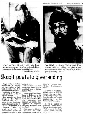 Newspaper clipping. Two bearded white men with long hair. Headline says Skagit poets to give reading. The photo caption identifies one man as Tim McNulty and one as Paul Hansen. 